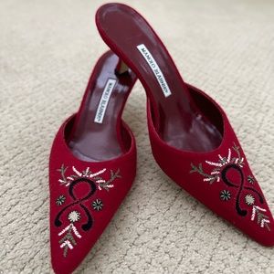 Manalo Blahnik, red with embroidery.  Size 42. Worn once.